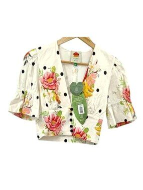 NWT Farm Rio Nanaju Floral Print Linen Blend Blouse White MSRP $120